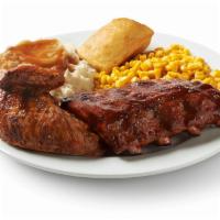 1/2 Order of Baby Back Ribs with 1/4 White Rotisserie Chicken · Slow-cooked, fall-off-the-bone baby back ribs seasoned then brushed with a hickory BBQ sauce...