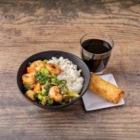 97. Shrimp with Broccoli · Served with white rice.