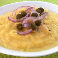 Fava Santorini · Yellow organic split pea puree, onions, capers, parsley and extra virgin olive oil served wi...
