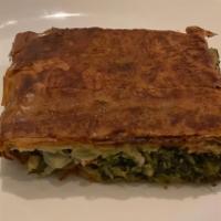 Spinach Pie · Country style spinach pie with leeks, dill and feta, wrapped in crisp phyllo dough.