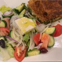 Spinach Pie · Comes with Greek salad. Served with choice of side and pita bread.