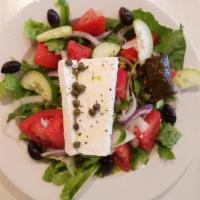 Greek Salad · Lettuce, local farm steak tomatoes, onions, peppers, cucumbers, olives, Dodonis feta cheese ...