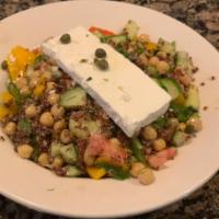 Mediterranean Quinoa Salad · Organic chickpeas, peppers, cucumbers, local farm steak tomatoes, dill, scallions, Dodonis f...