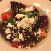Red Beet, Chickpea and Spinach Salad · Red beets, chickpeas, spinach and feta cheese.