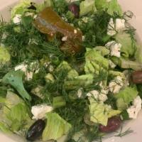 Green Greek Salad · Dill, scallions, crumbled Dodonis feta cheese, and extra virgin olive oil.