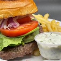 Lamb Burger · Comes with tzatziki sauce. Served with lettuce, tomato and french fries.