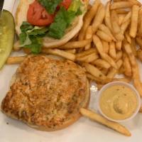 Salmon Burger · Comes with chipotle mayo. Served with lettuce, tomato and french fries.