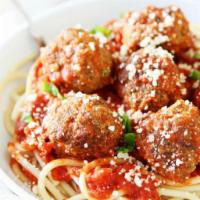 Pasta with Meatballs · Served with choice of pasta, salad, bread and butter and Romano cheese.