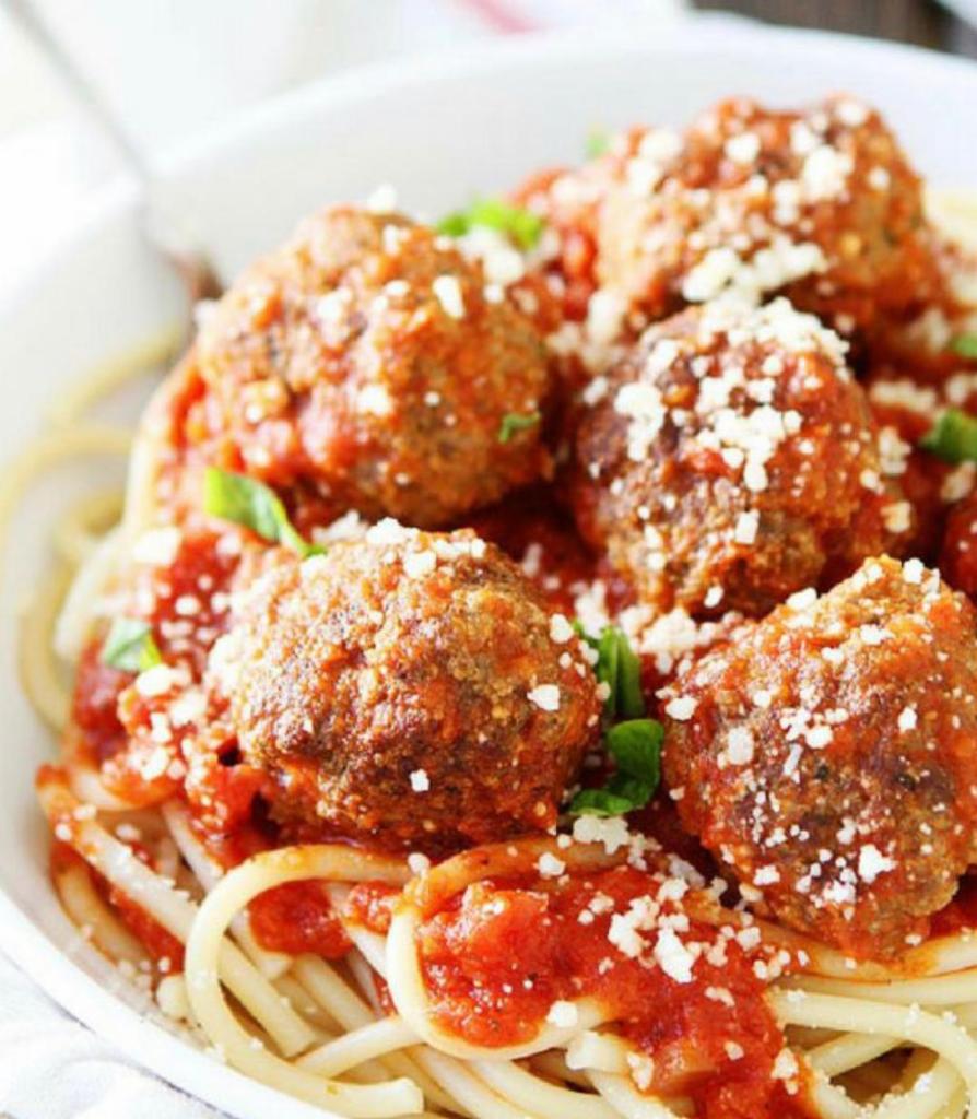 Pasta with Meatballs · Served with choice of pasta, salad, bread and butter and Romano cheese.