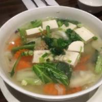 Tofu Soup · Vegetables with tofu in clear soup.