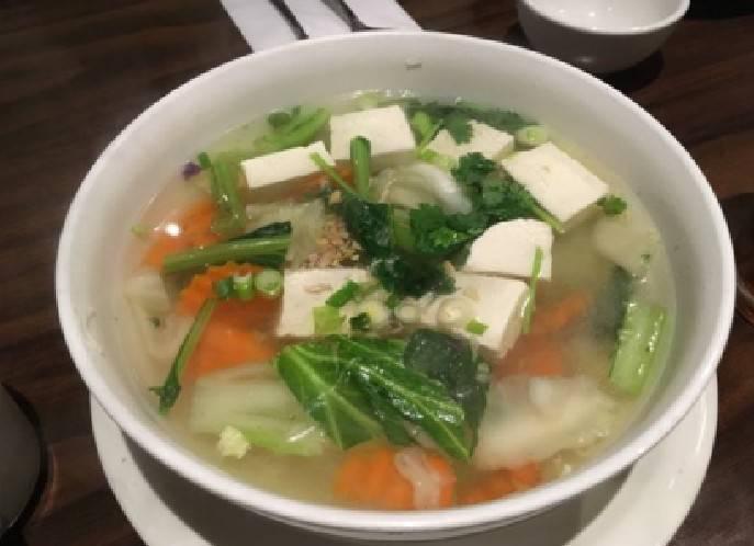 Tofu Soup · Vegetables with tofu in clear soup.