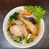 Thai Chicken Noodle Soup · Chicken, greens, egg noodles, Chinese broccoli and bean sprouts.