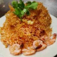 Mee Krob · Deep fried crispy noodles and shrimp mixed with sweet tamarind sauce topped with fresh bean ...