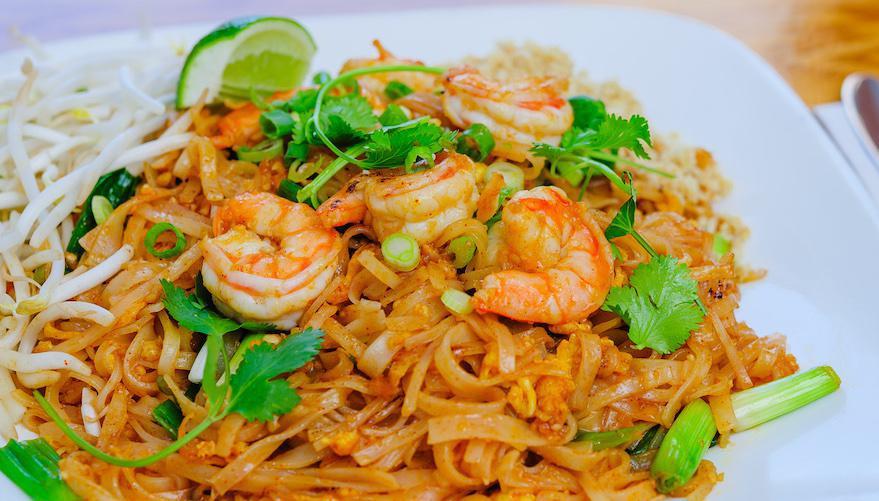 Pad Thai · The most famous Thai rice noodle stir-fried with choice of meat, egg, tofu, and bean sprouts and scallions with grounded peanuts.