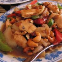 Cashew Nuts · Stir fried choice of meat with cashew nuts, onions, zucchinis, snow peas, bamboo shoots, cel...