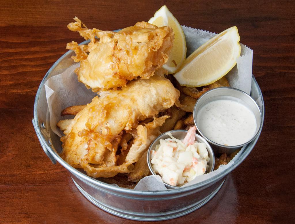 Fish and Chips · Beer battered cod, house made tartar sauce, coleslaw. 