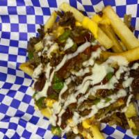 Philly cheesesteak fries · Fries topped with cheese, Philly meat, onions and green onions. 