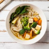 P7. Vegetarian Pho Noodle Soup · Mixed vegetables, with rice noodle, served with vegetarian broth soup, onions, scallions.