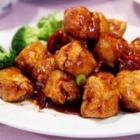 General Tso's Tofu · With white rice. Hot and spicy. 
