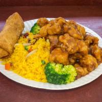 S13. General Tso's Chicken左宗鸡 · Chunks of boneless chicken fried crispy sauteed with hot pepper sauce on broccoli bed. Hot a...