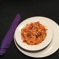 Cajun Cheese and Shrimp Pasta · Baked  pasta with shrimp and tomato Alfredo sauce smoke sausage