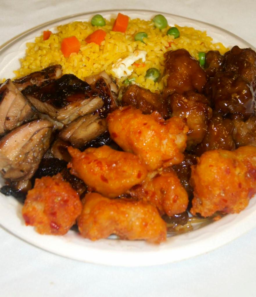 3 Choice Combo · Vegetable fried rice, white rice or vegetable lo mein plus 3 entrees.