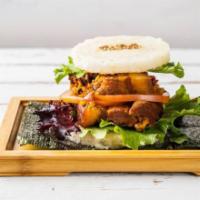 K2. Pork Belly Rice Burger · Marinaded pork belly, mixed greens, mayo. Topped with a rice bun