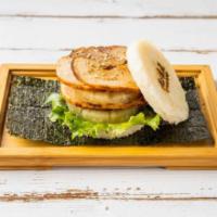 K4. Hawaii Chashu Rice Burger · Chashu pork, pineapple ring, mixed greens. Topped with a rice bun