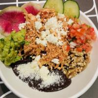 Natural Chicken Salad · Comes with Organic Greens, Honey Lime Dressing, Mexican Red RIce, Black Beans, Guacamole, Pi...