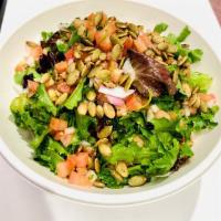 Organic Green Salad · Organic Greens, pico de gallo, pumpkin seeds, honey-lime vinaigrette