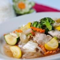 Mixed Vegetables Stir-Fry · Napa cabbage, broccoli, zucchini, carrots, celery, onions and bean sprouts. Served with stea...