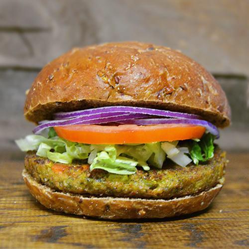 Veggie Burger · Veggie patty, Lettuce, tomatoes, and onions on a multigrain roll bun.