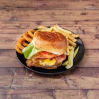 All American Burger Deluxe · Served with melted American cheese, bacon, lettuce and tomato. Served with french fries and ...