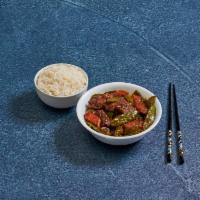 70. Beef with Snow Peas · Served with white rice.