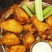 Chicken Wings (6) · Sauce options: mild, medium, hot, fire, bbq, buffalo, honey mustard, garlic parm