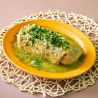 Wet Chile Verde Burrito · A super burrito but with chunky pork smothered with green enchilada sauce topped with cheese...