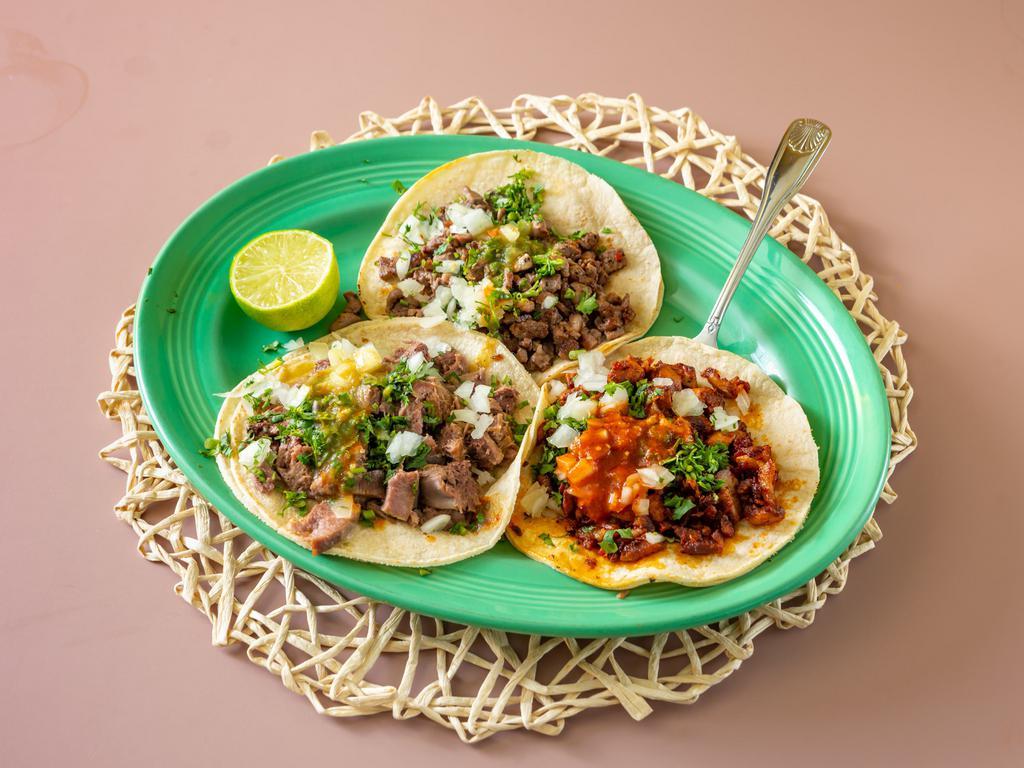 Carne Asada Taco · Beef steak meat served on two corn tortillas with onions cilantro and green salsa on top