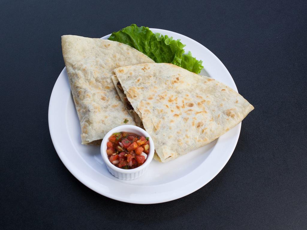 Super Quesadilla · Large flour tortilla filled with melted Monterrey Jack cheese, mild pico de gallo, and your choice of meat. Tilapia or prawns for an additional charge. Add guacamole and sour cream for an additional charge.