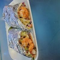 Surf N Turf Burrito · Asada with Grilled Shrimp on top of lettuce, tomato, Mozzarella cheese, fresh avocado, Spani...