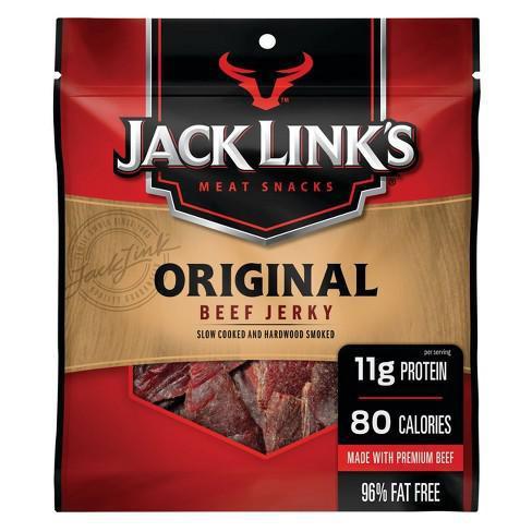Jack Links Beef jerky  · Beef jerky slow cooked 10 g protein 80 cal per serving made with premium beef 95% fat free 3.25 OZ (92g)