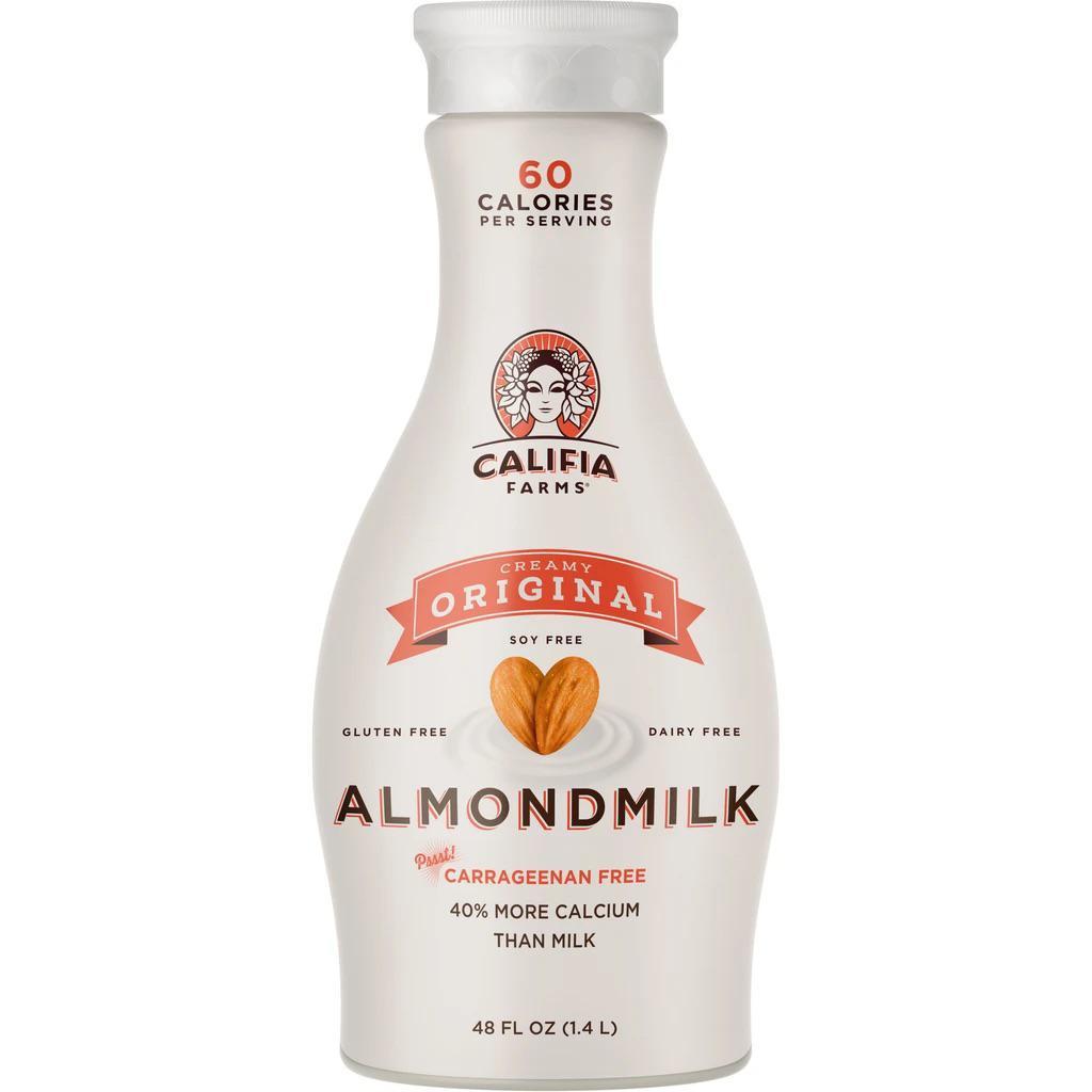 Califia farms Almond Milk · Gluten Free, Dairy free, Soy free, Carrageenan free, 40% more calcium than milk, 60 calories 48 FL OZ (1.4L)