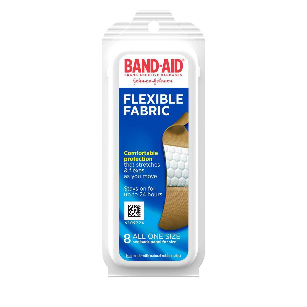 Band-Aid flexible fabric · Comfortable protection that stretches and flexes as you move stays on for up to 24 hours 8 all one size 