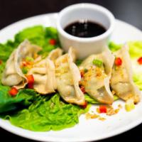 Vegetable potstickers · vegetable dumplings, garlic oil.
