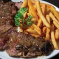 Steak Frites · Strip, lemongrass gravy use, fries.