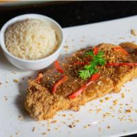 Fish Filet · Crispy fish, garlic sauce. White rice
