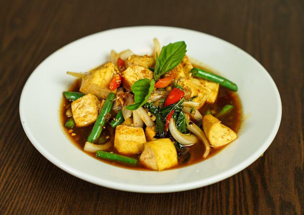 Tofu Basil · tofu, onions, string beans, and peppers in basil sauce.