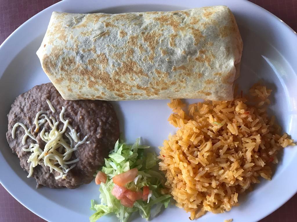 Burrito Solo · Jumbo flour tortilla filled with lettuce, tomato, beans, cheese and sour cream.