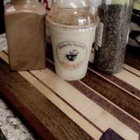 Almond Roast Smoothie · Banana, almond butter, coconut water, chia seeds, cinnamon and milk.