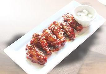 6 Korean Chicken Wings · Fried chicken wings, side of pickled radish. Your choice of wing flavor.