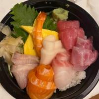 Chirashi Sushi · 15 pieces assorted fresh raw fish and sushi rice.